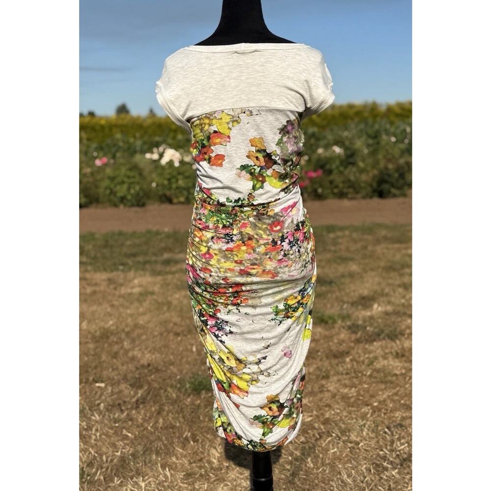 Weston S Watercolor Floral Ruched Midi Dress Bodycon Stretch Made USA Artsy - Picture 3 of 16